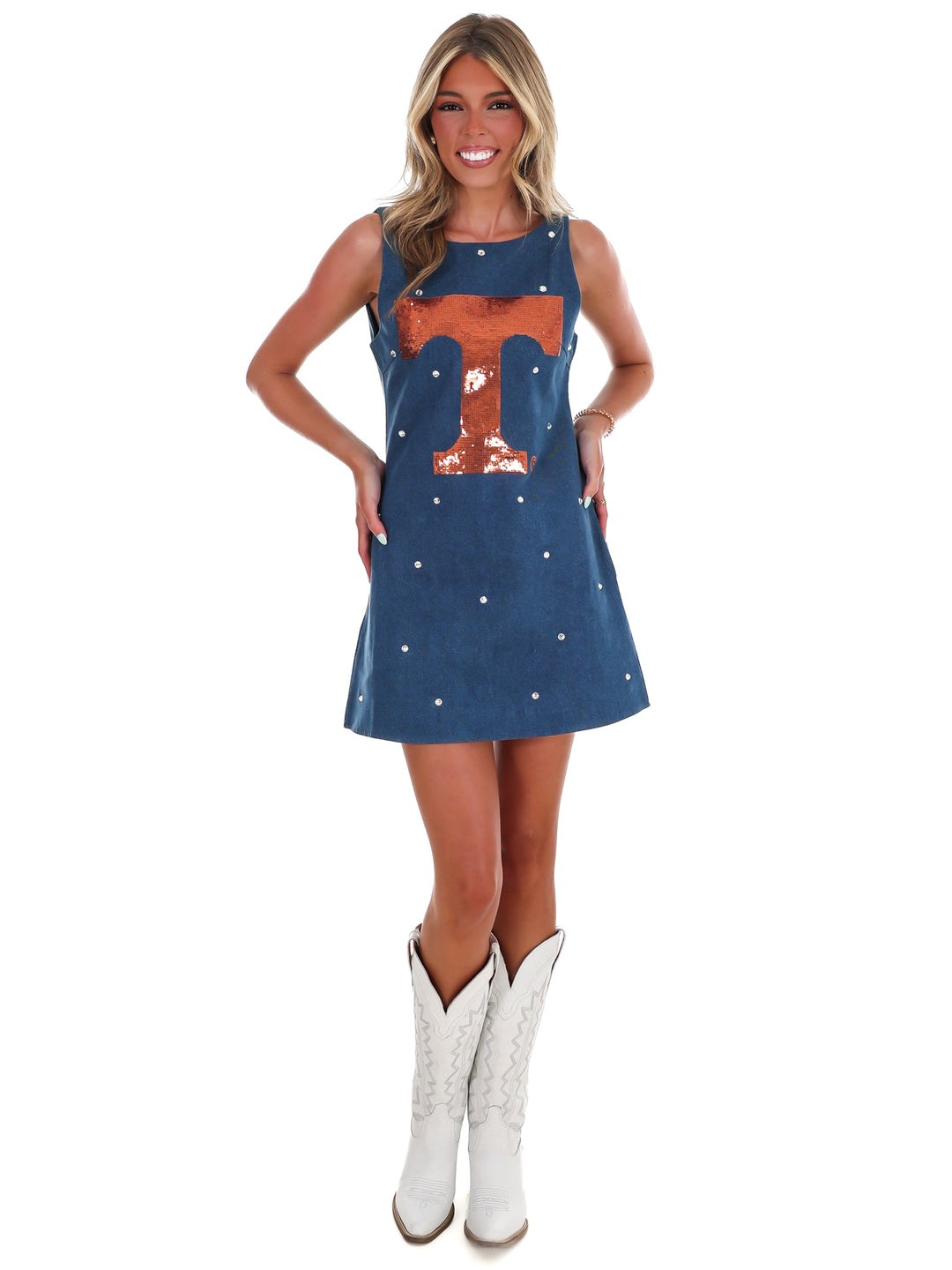 Tennessee Scattered Jewel Denim Sequin Mascot Tank Dress