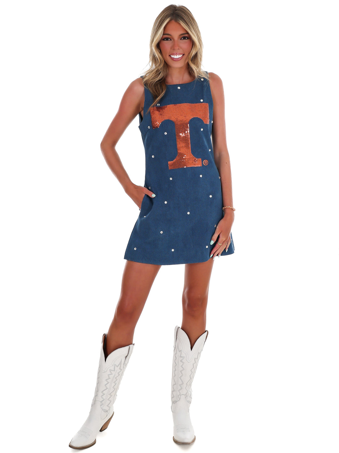 Tennessee Scattered Jewel Denim Sequin Mascot Tank Dress