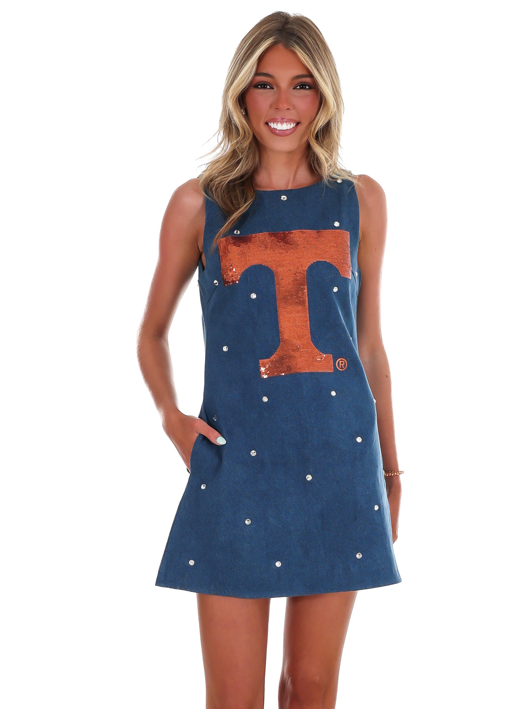 Tennessee Scattered Jewel Denim Sequin Mascot Tank Dress