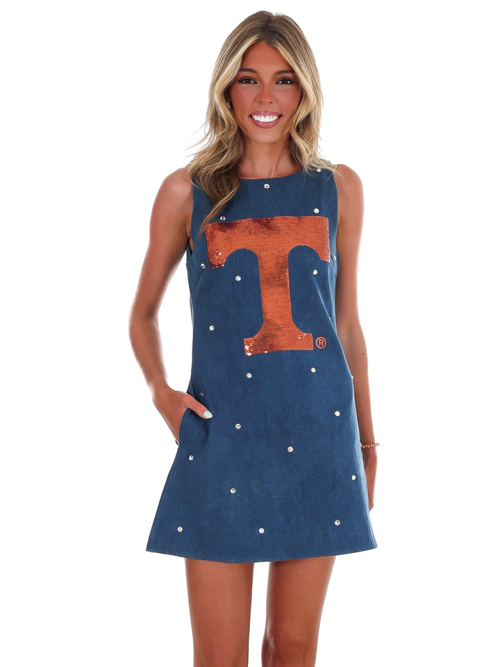 Tennessee Scattered Jewel Denim Sequin Mascot Tank Dress