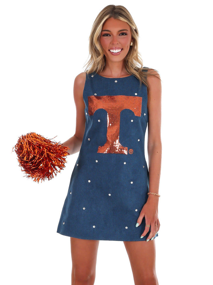 Tennessee Scattered Jewel Denim Sequin Mascot Tank Dress