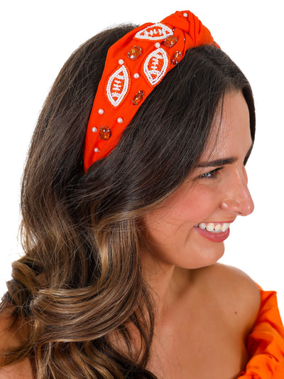 Orange and White Seed Bead Football Headband