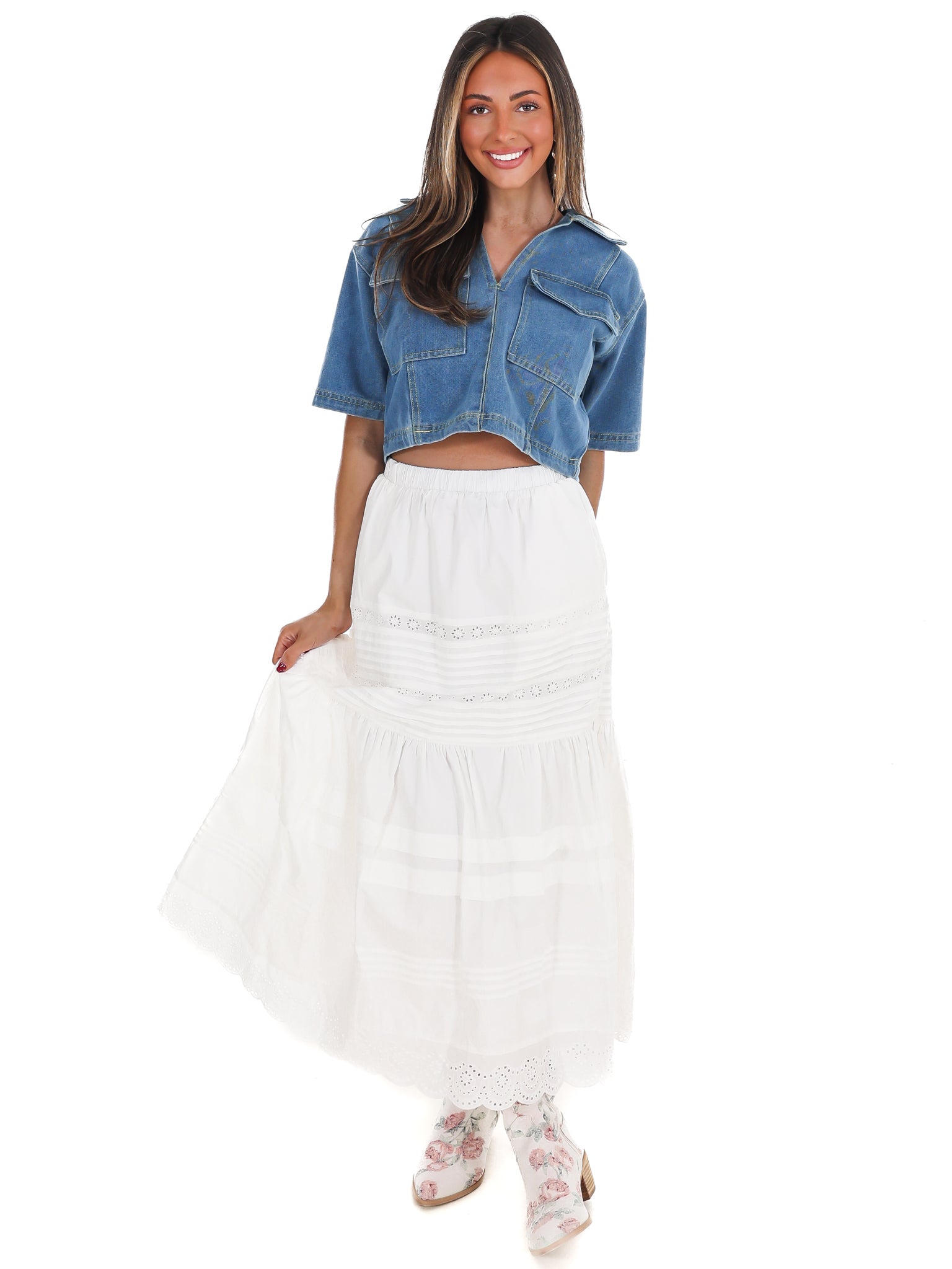 Clean Cut V-Neck Cropped Denim Top – Josie's Boutique