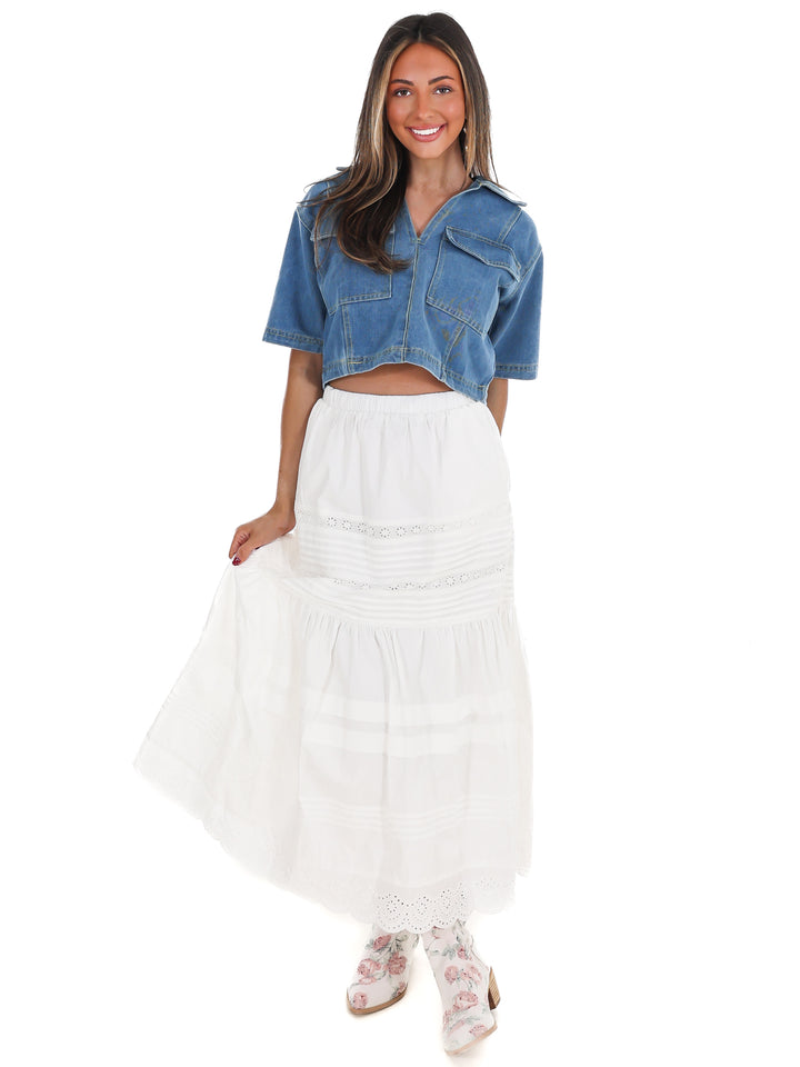 Clean Cut V-Neck Cropped Denim Top