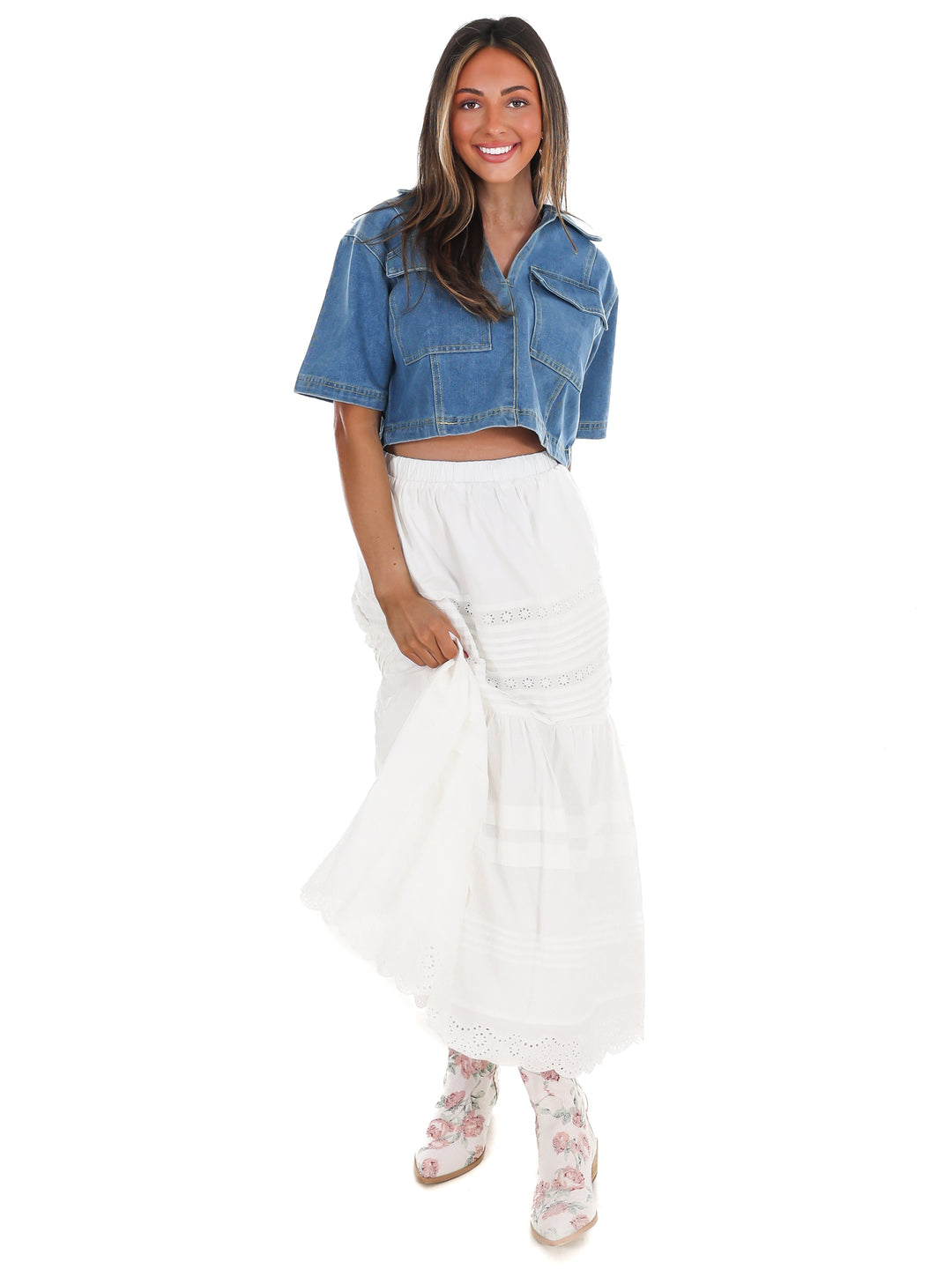 Clean Cut V-Neck Cropped Denim Top