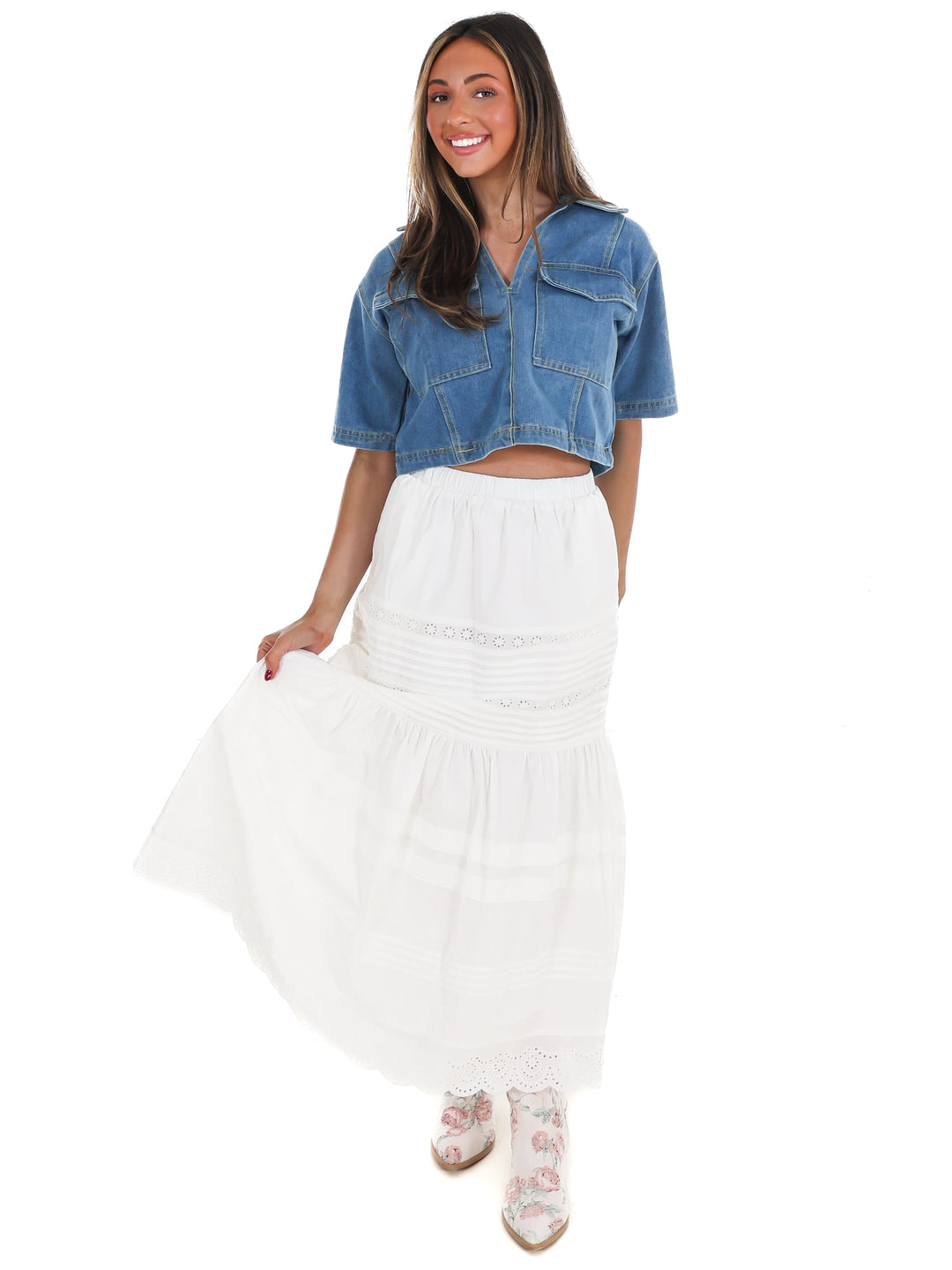 Clean Cut V-Neck Cropped Denim Top