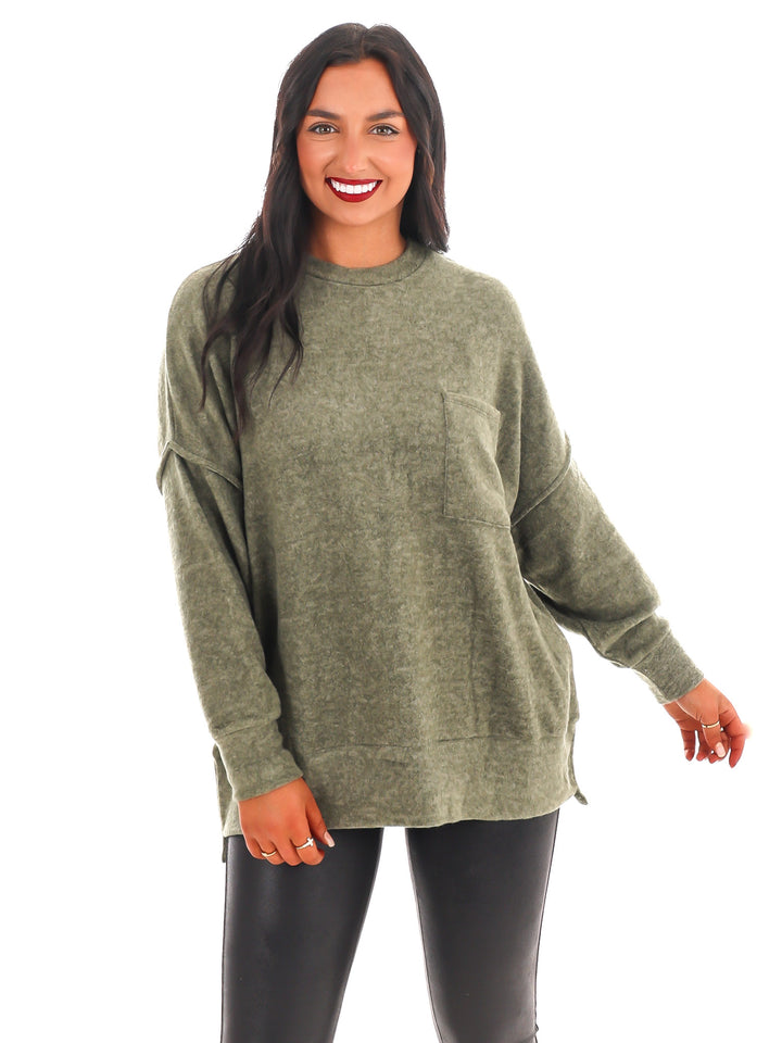 Everyday Cozy Oversized Melange Pocket Top Doorbuster