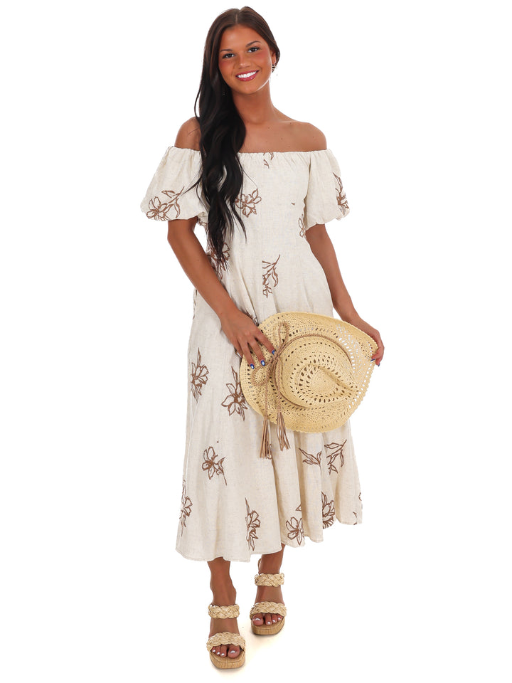 Linen Bloom Off Shoulder Midi Dress