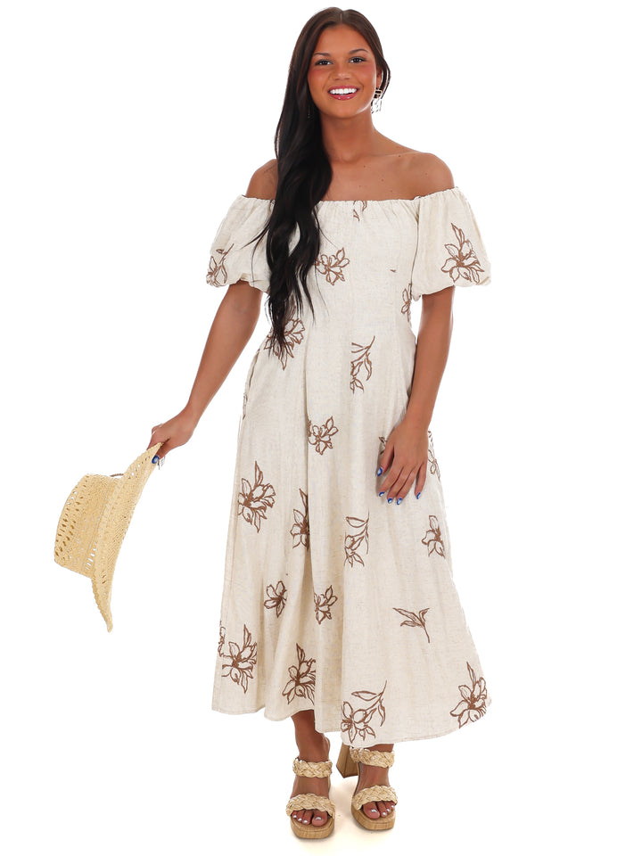 Linen Bloom Off Shoulder Midi Dress