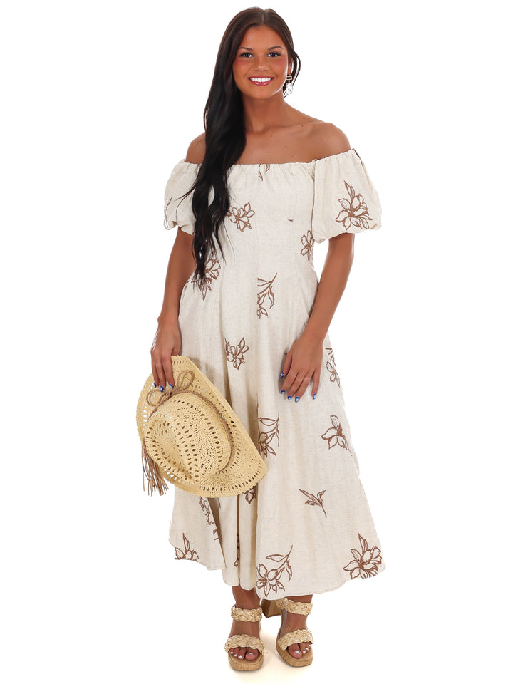 Linen Bloom Off Shoulder Midi Dress