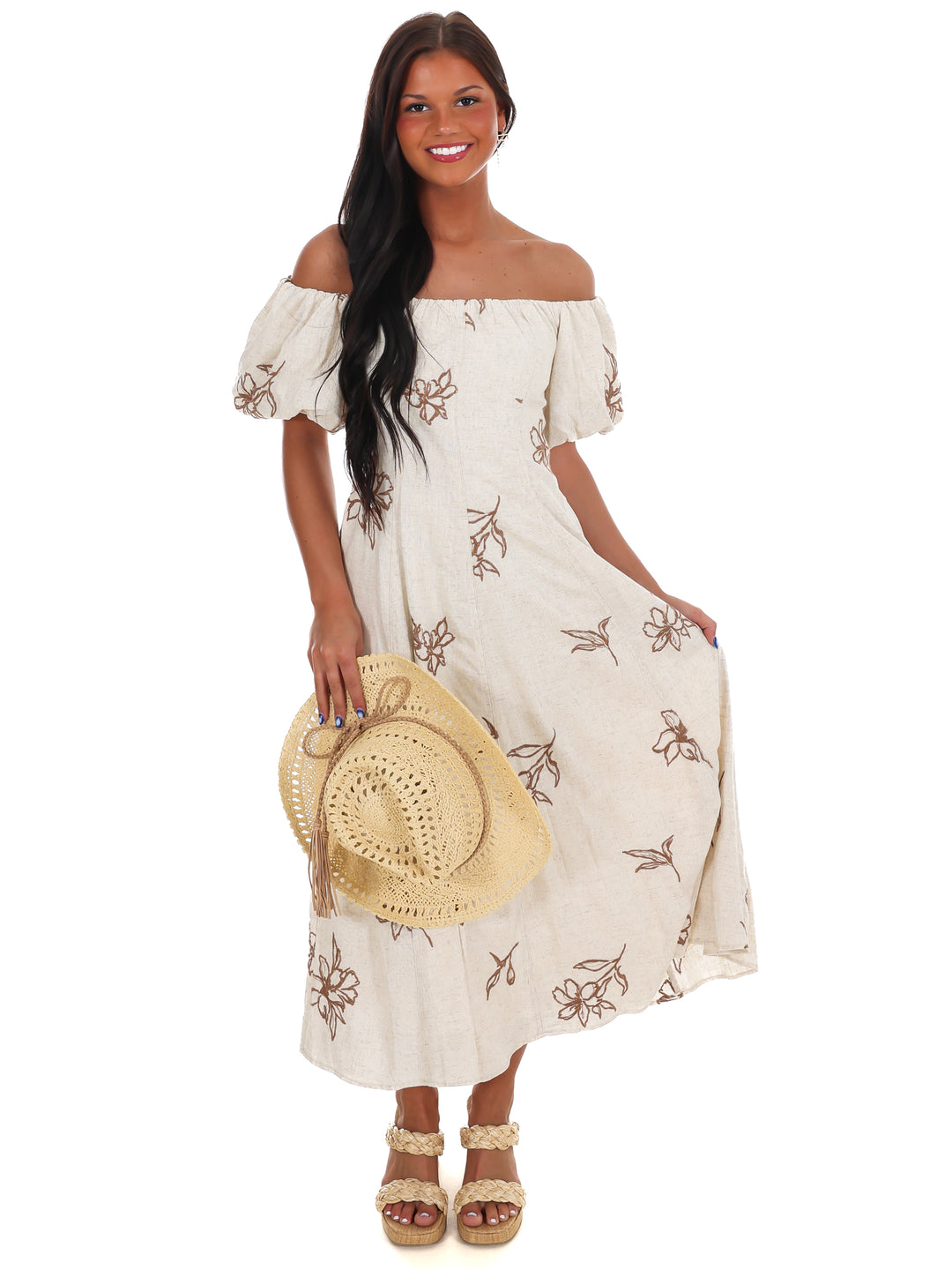 Linen Bloom Off Shoulder Midi Dress