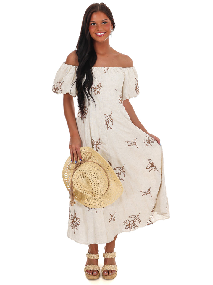 Linen Bloom Off Shoulder Midi Dress
