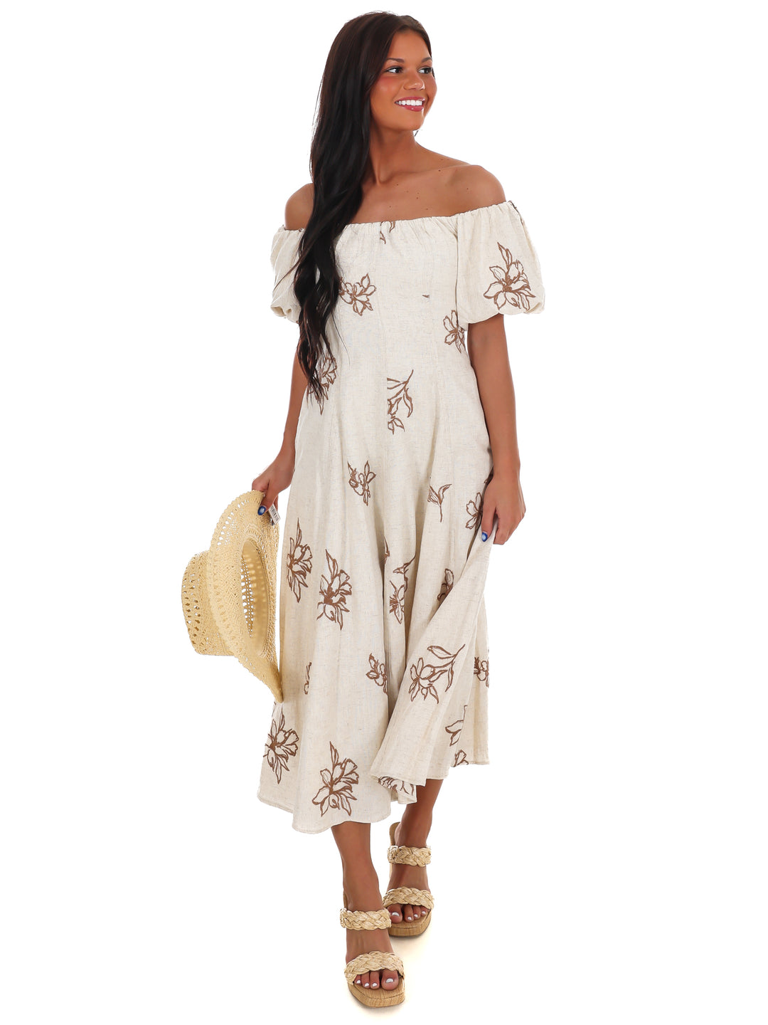 Linen Bloom Off Shoulder Midi Dress
