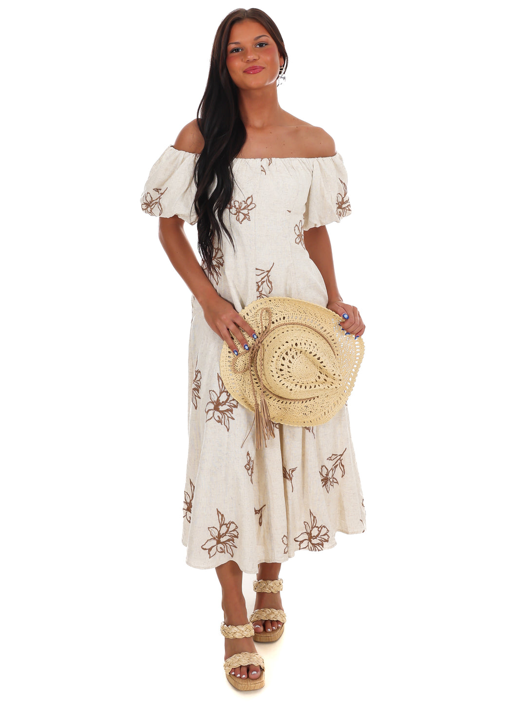 Linen Bloom Off Shoulder Midi Dress