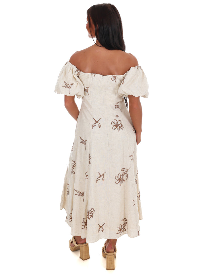 Linen Bloom Off Shoulder Midi Dress