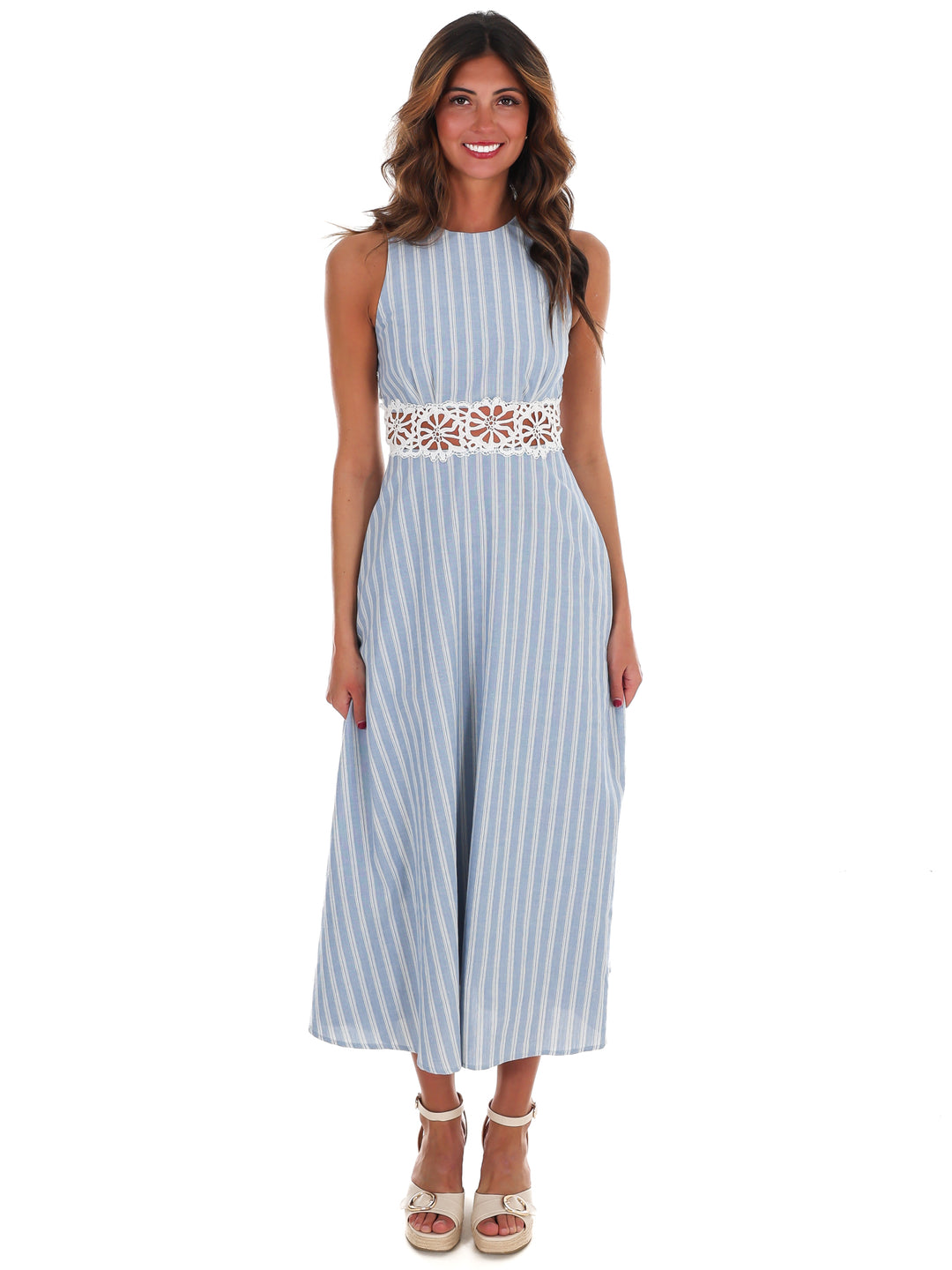 Soft Breeze Striped Lace Midi Dress
