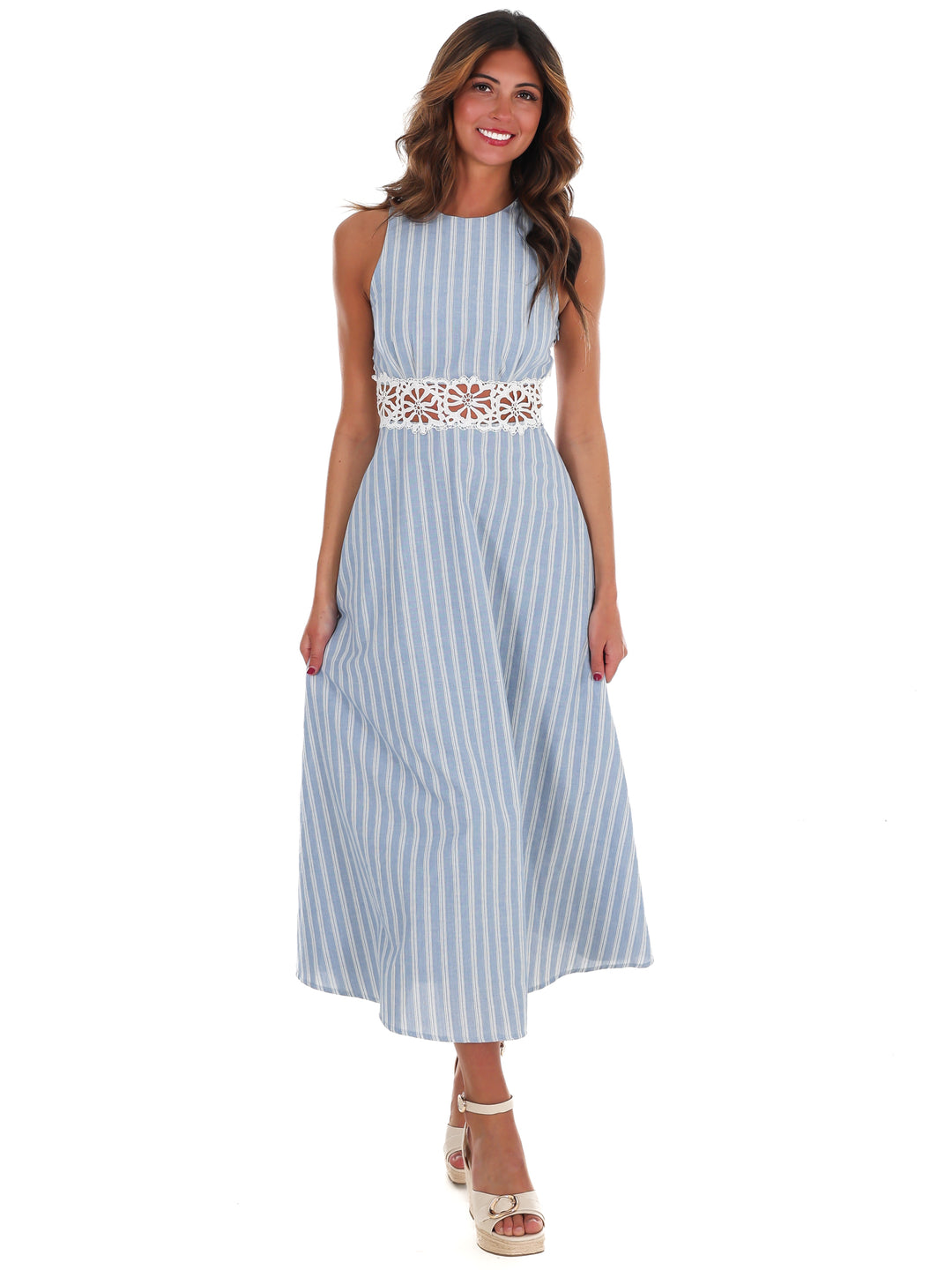 Soft Breeze Striped Lace Midi Dress