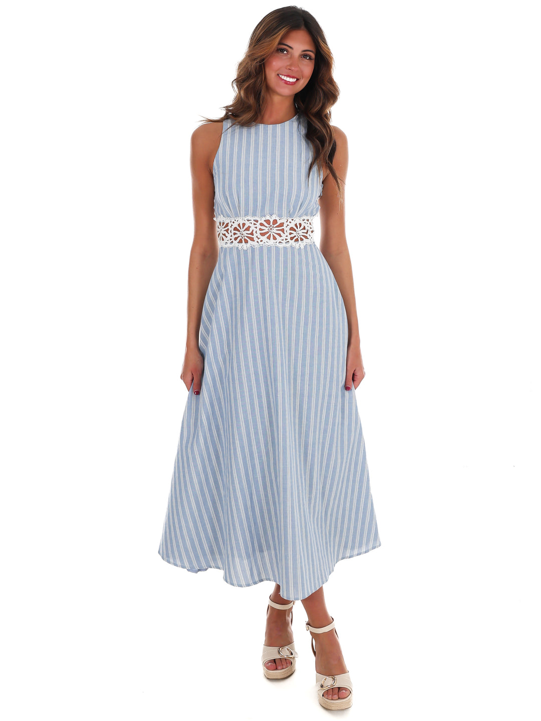 Soft Breeze Striped Lace Midi Dress