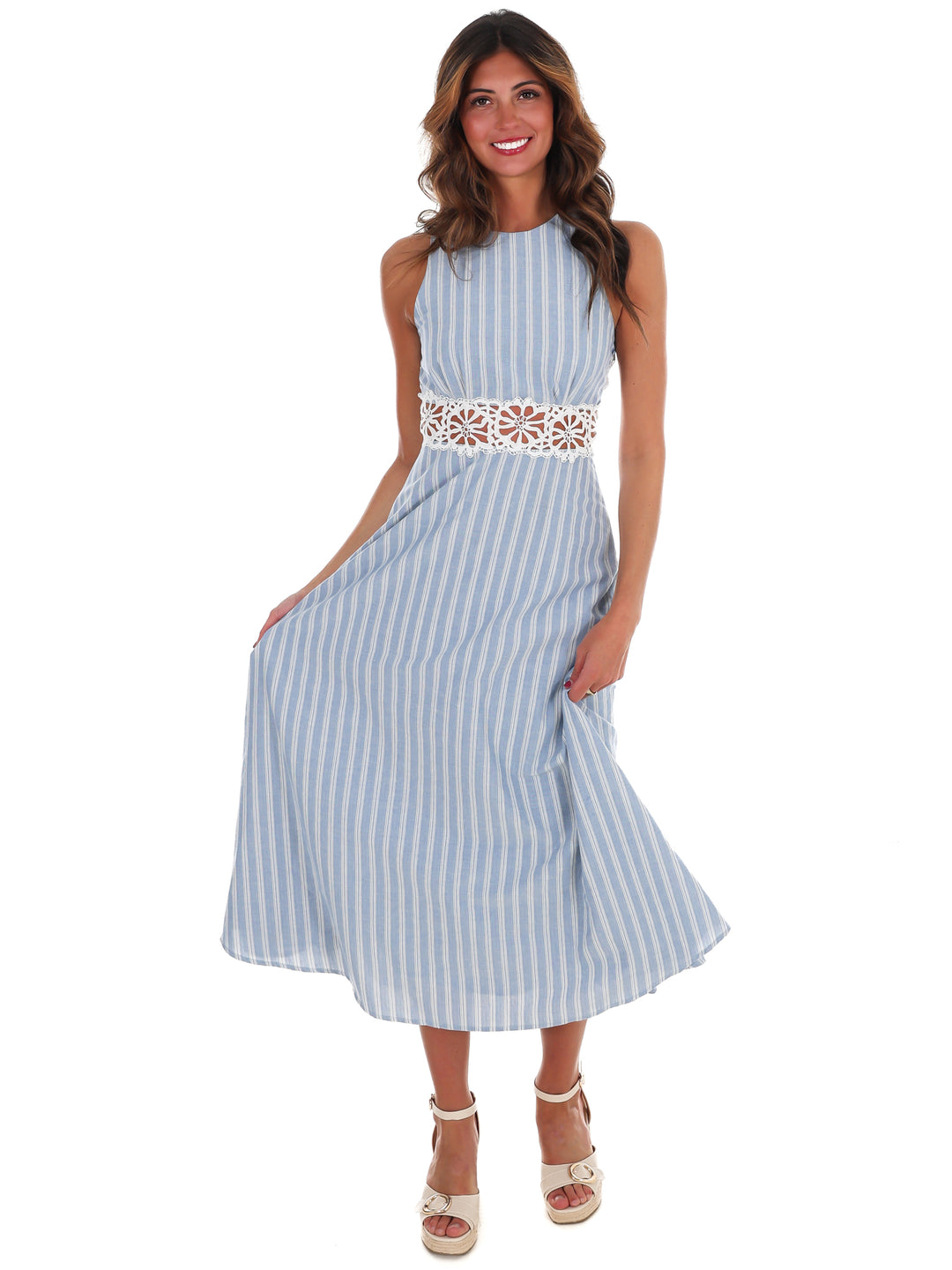 Soft Breeze Striped Lace Midi Dress