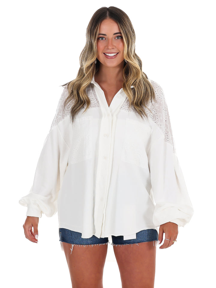 Chasing Daylight Eyelet Button Up Top