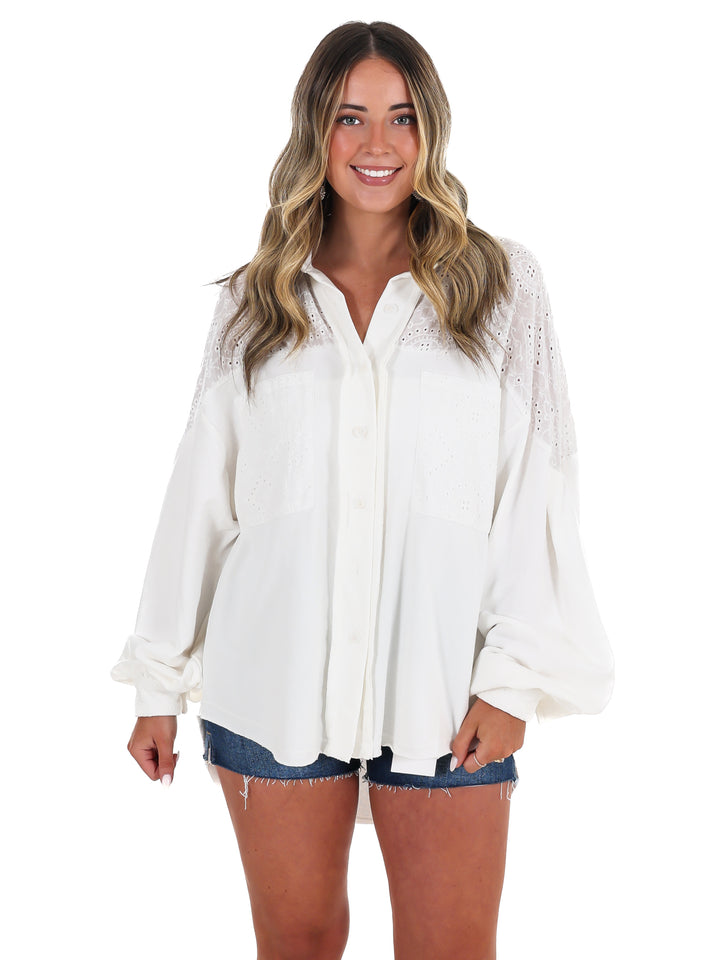 Chasing Daylight Eyelet Button Up Top