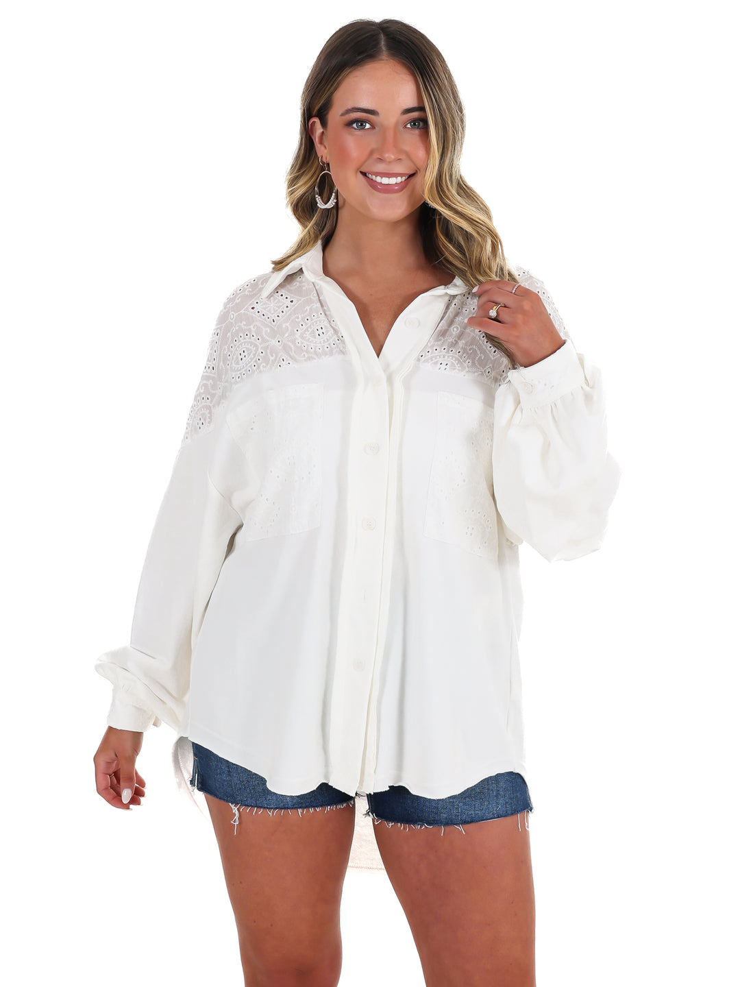 Chasing Daylight Eyelet Button Up Top