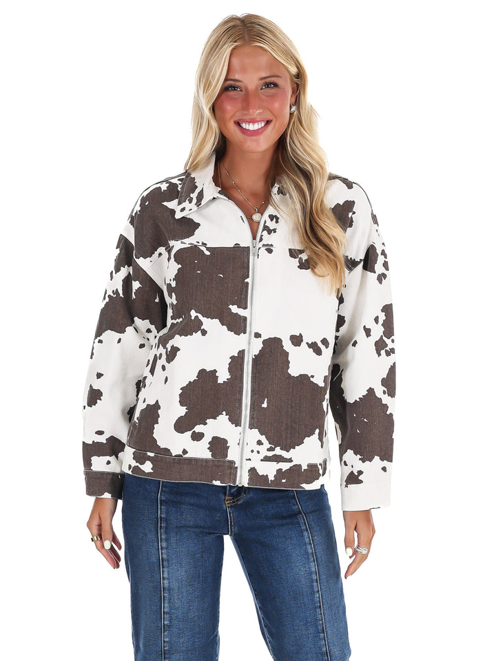A Cowgirl's Favorite Cow Print Denim Jacket