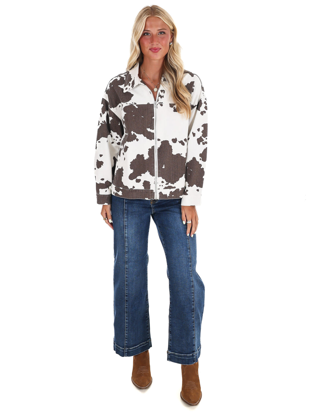 A Cowgirl's Favorite Cow Print Denim Jacket