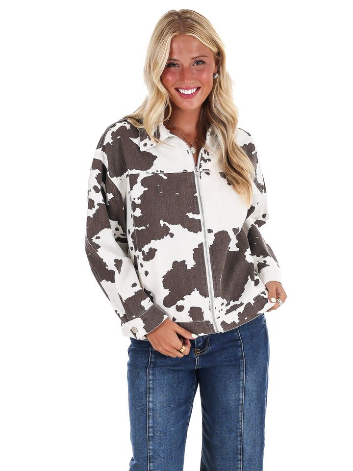 A Cowgirl's Favorite Cow Print Denim Jacket