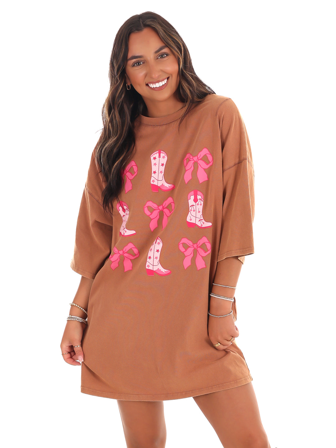 pink dress with brown cowboy boots Women's Rose Buckle Tiered Mini Dress