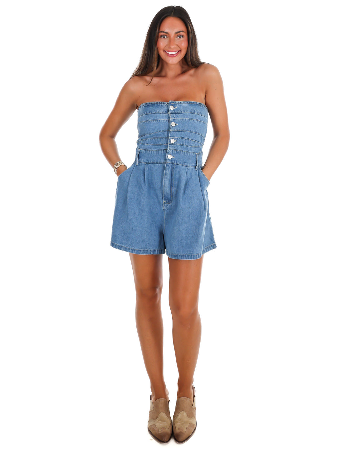 All American Strapless Denim Romper