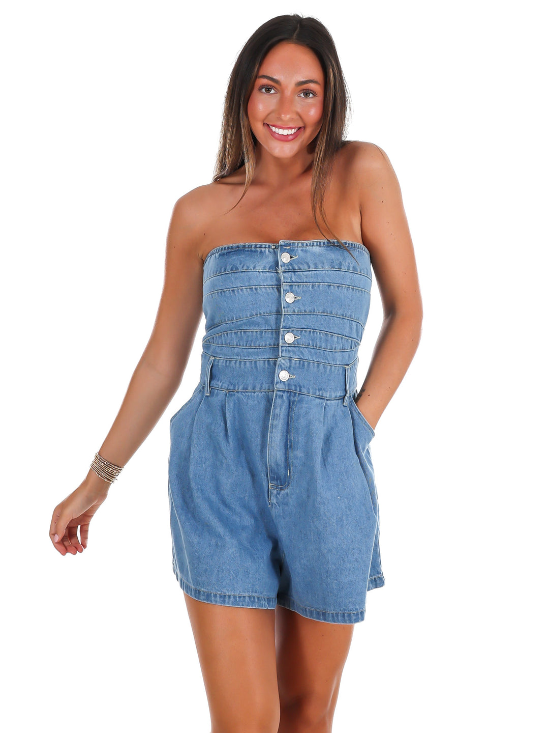 All American Strapless Denim Romper