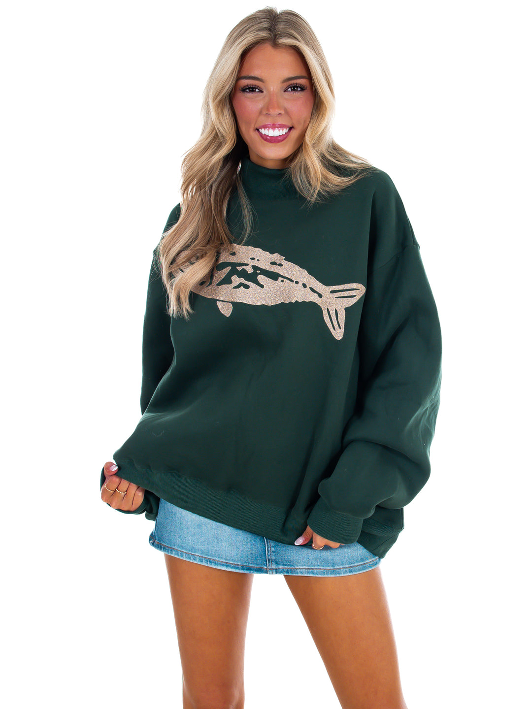 Fish Embroidered Mock Neck Sweatshirt