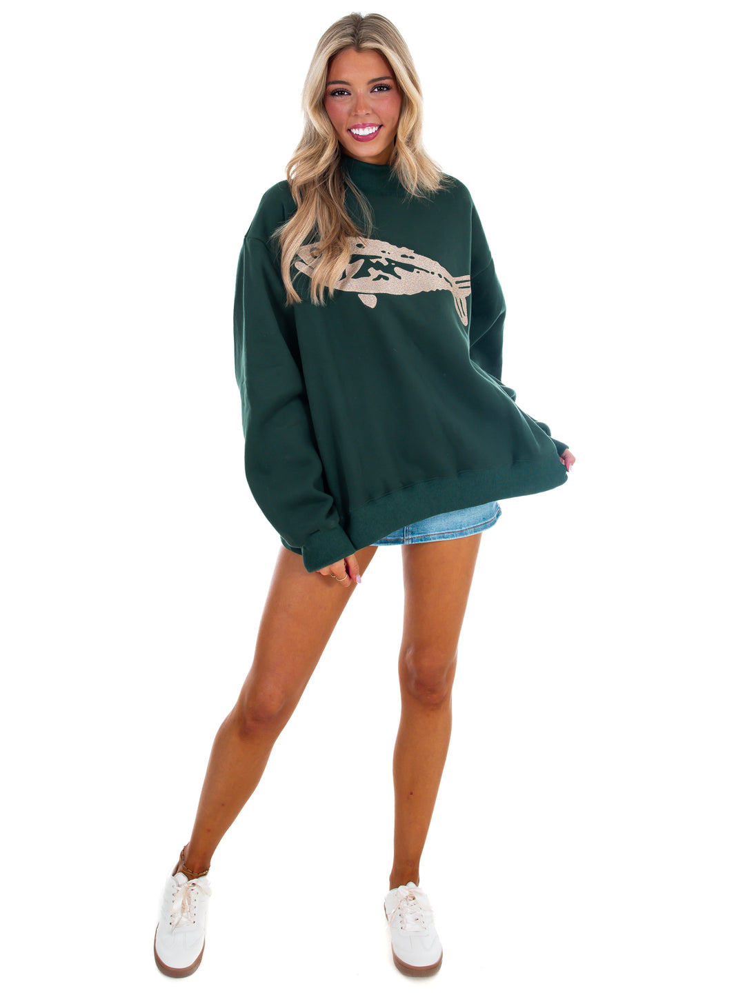 Fish Embroidered Mock Neck Sweatshirt