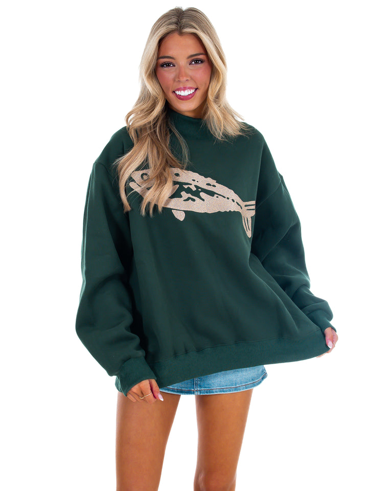 Fish Embroidered Mock Neck Sweatshirt