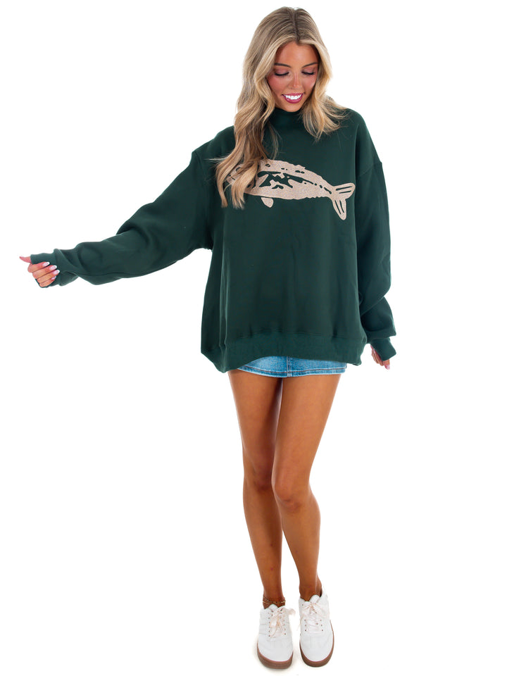 Fish Embroidered Mock Neck Sweatshirt