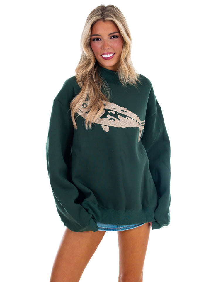 Fish Embroidered Mock Neck Sweatshirt