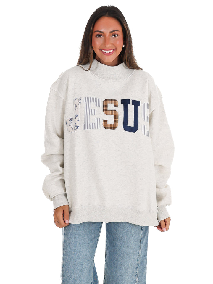 Jesus Embroidered Mock Neck Oversized Sweatshirt