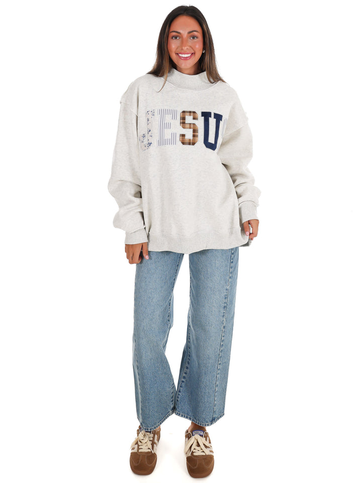 Jesus Embroidered Mock Neck Oversized Sweatshirt