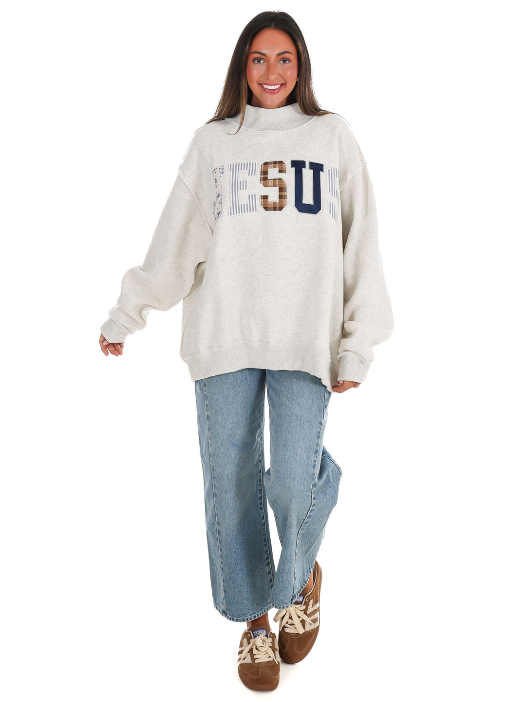 Jesus Embroidered Mock Neck Oversized Sweatshirt