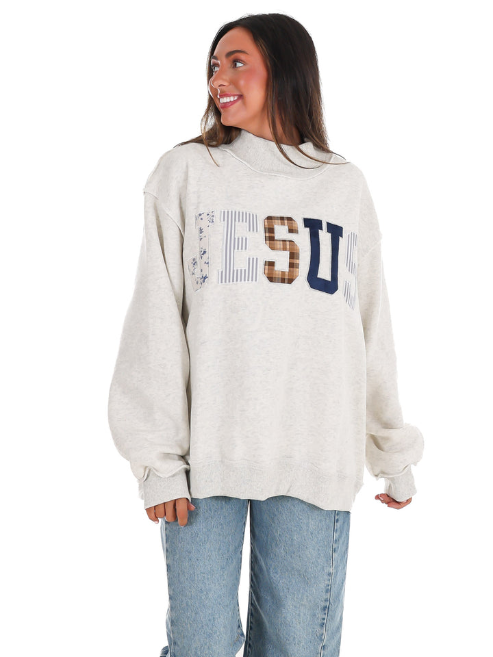 Jesus Embroidered Mock Neck Oversized Sweatshirt