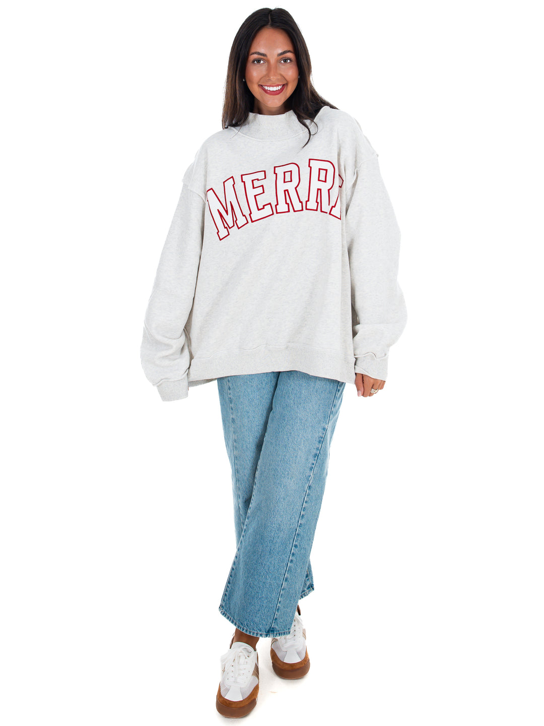 Merry Embroidered Mock Neck Sweatshirt