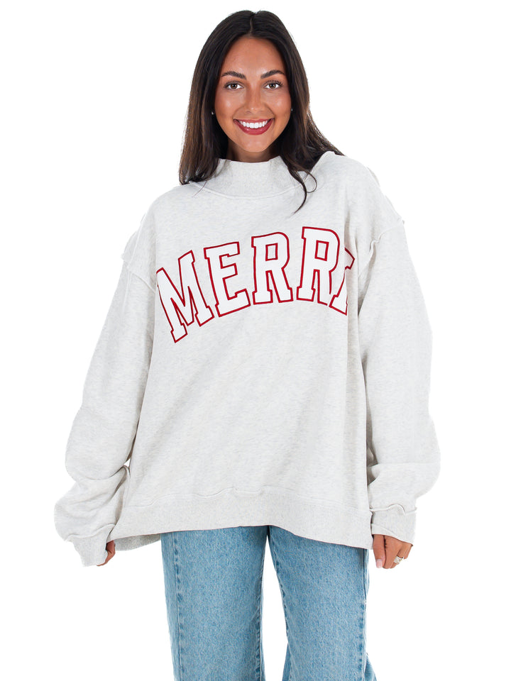 Merry Embroidered Mock Neck Sweatshirt