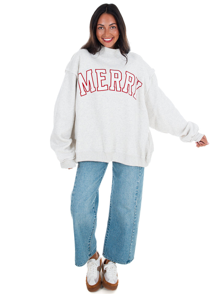 Merry Embroidered Mock Neck Sweatshirt