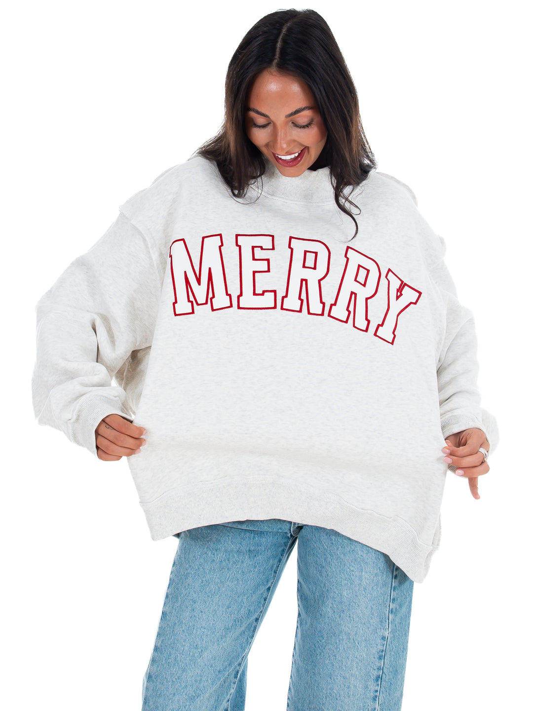 Merry Embroidered Mock Neck Sweatshirt