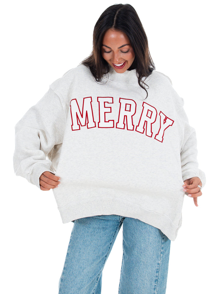 Merry Embroidered Mock Neck Sweatshirt