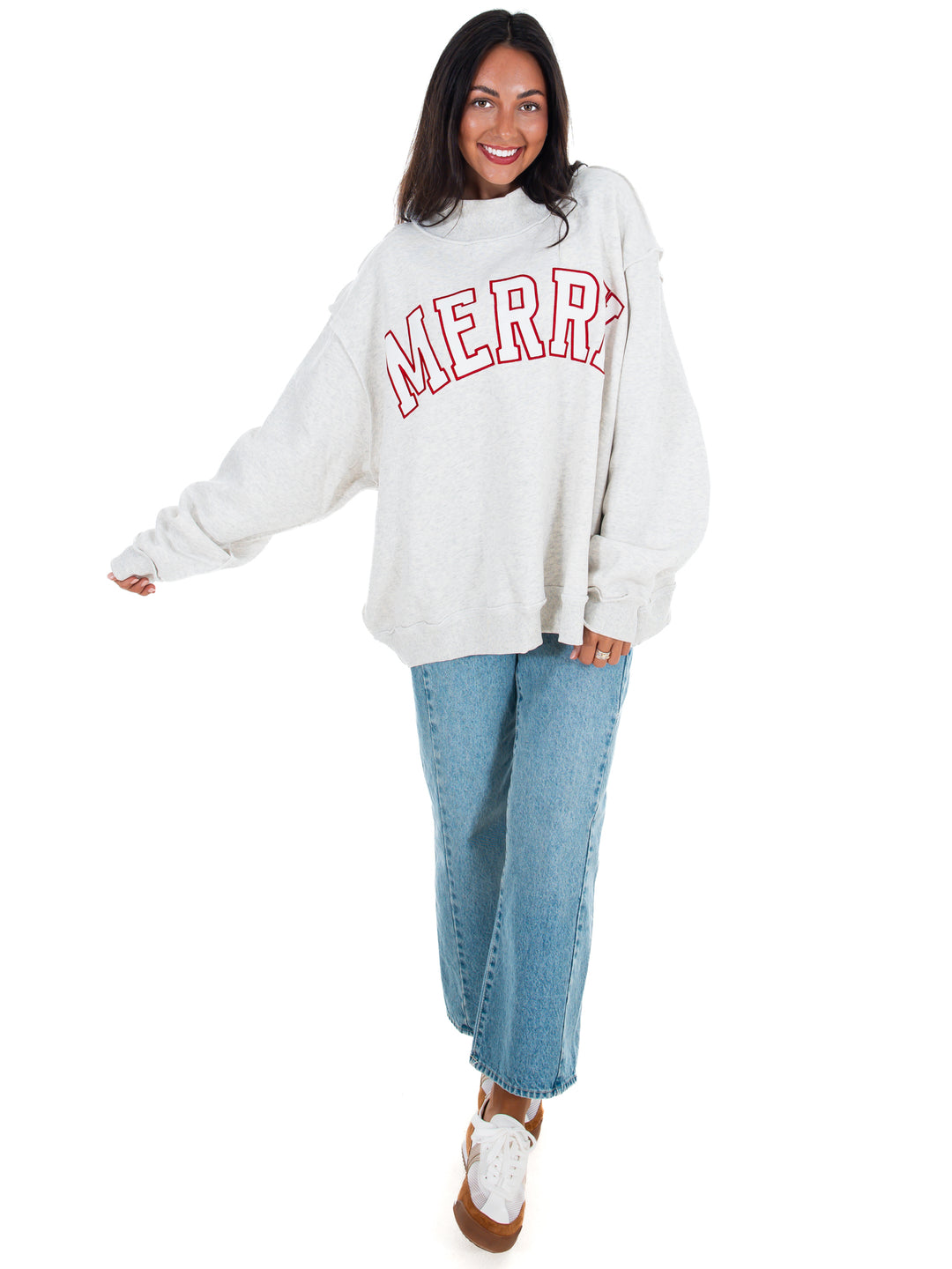 Merry Embroidered Mock Neck Sweatshirt