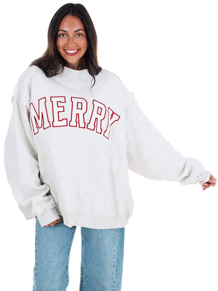 Merry Embroidered Mock Neck Sweatshirt