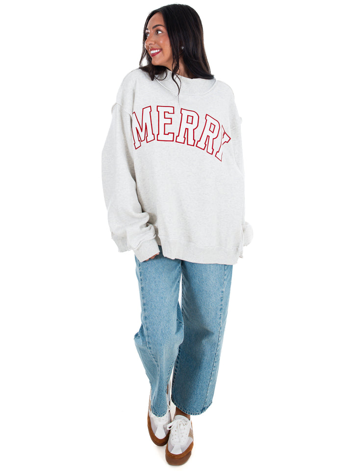 Merry Embroidered Mock Neck Sweatshirt