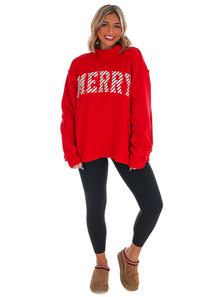 Merry Embroidered Mock Neck Sweatshirt